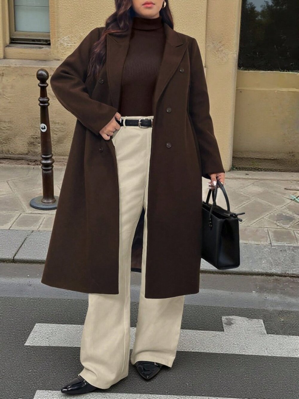 Coffee Brown Casual Women's Regular Fit Lapel Button Pocket Midi Long Jacket - Picture 5 of 6